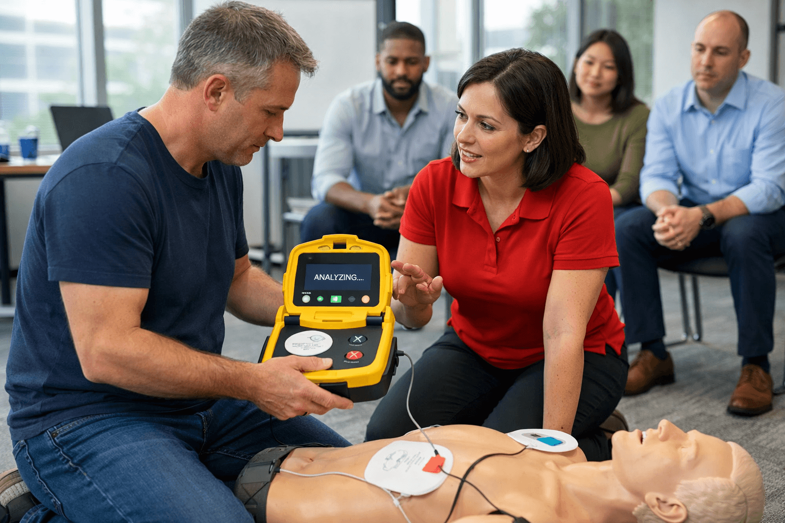 Instructor demonstrating AED placement and use during first aid training