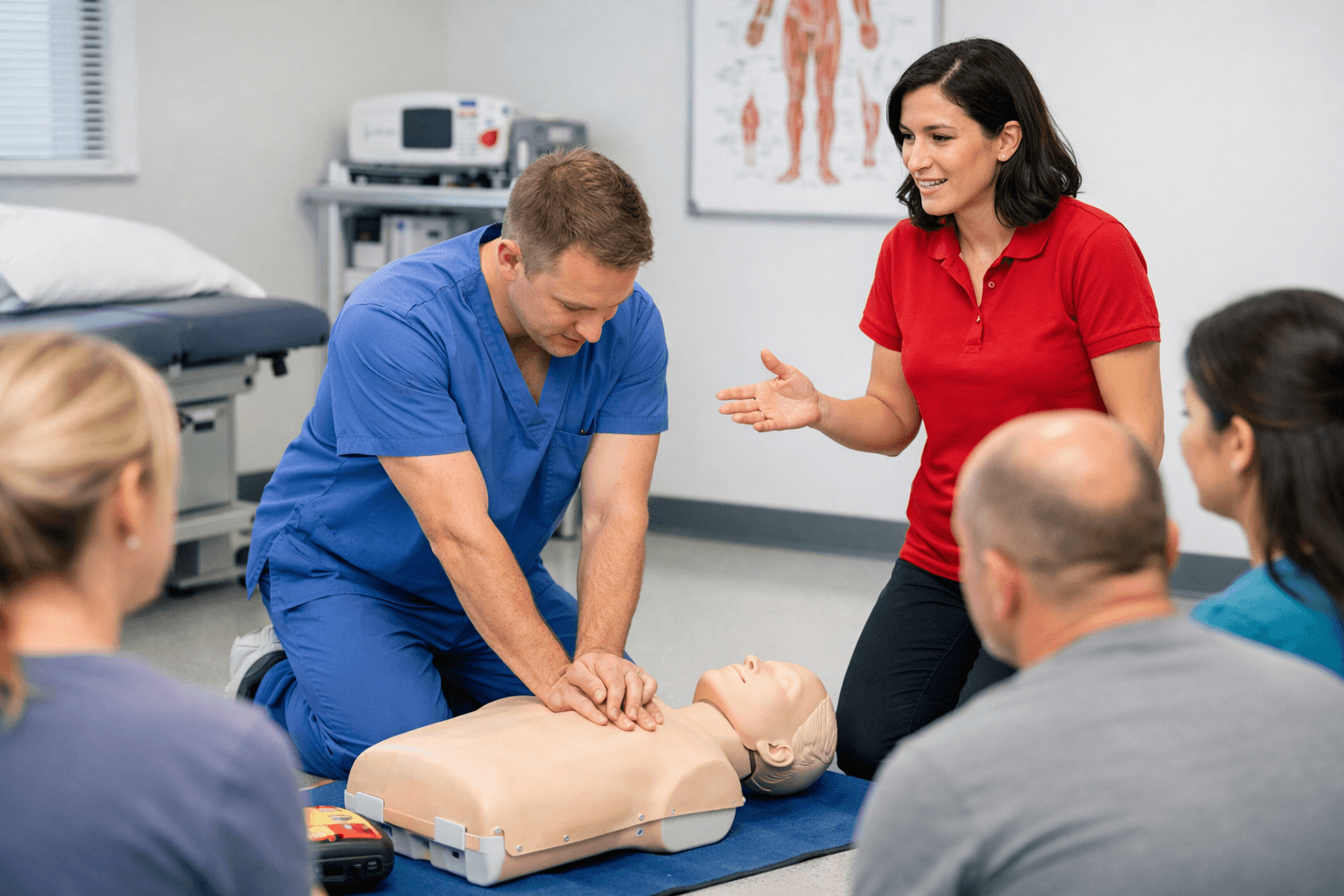 BLS Provider recertification session with healthcare professionals practicing high-performance CPR