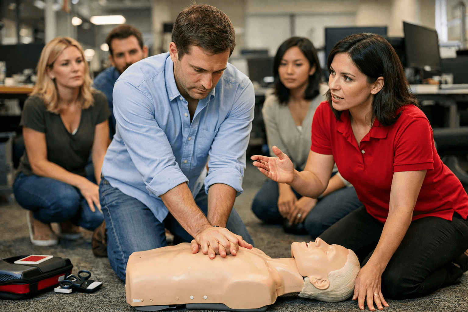 Emergency First Aid course participants learning CPR and essential life-saving skills