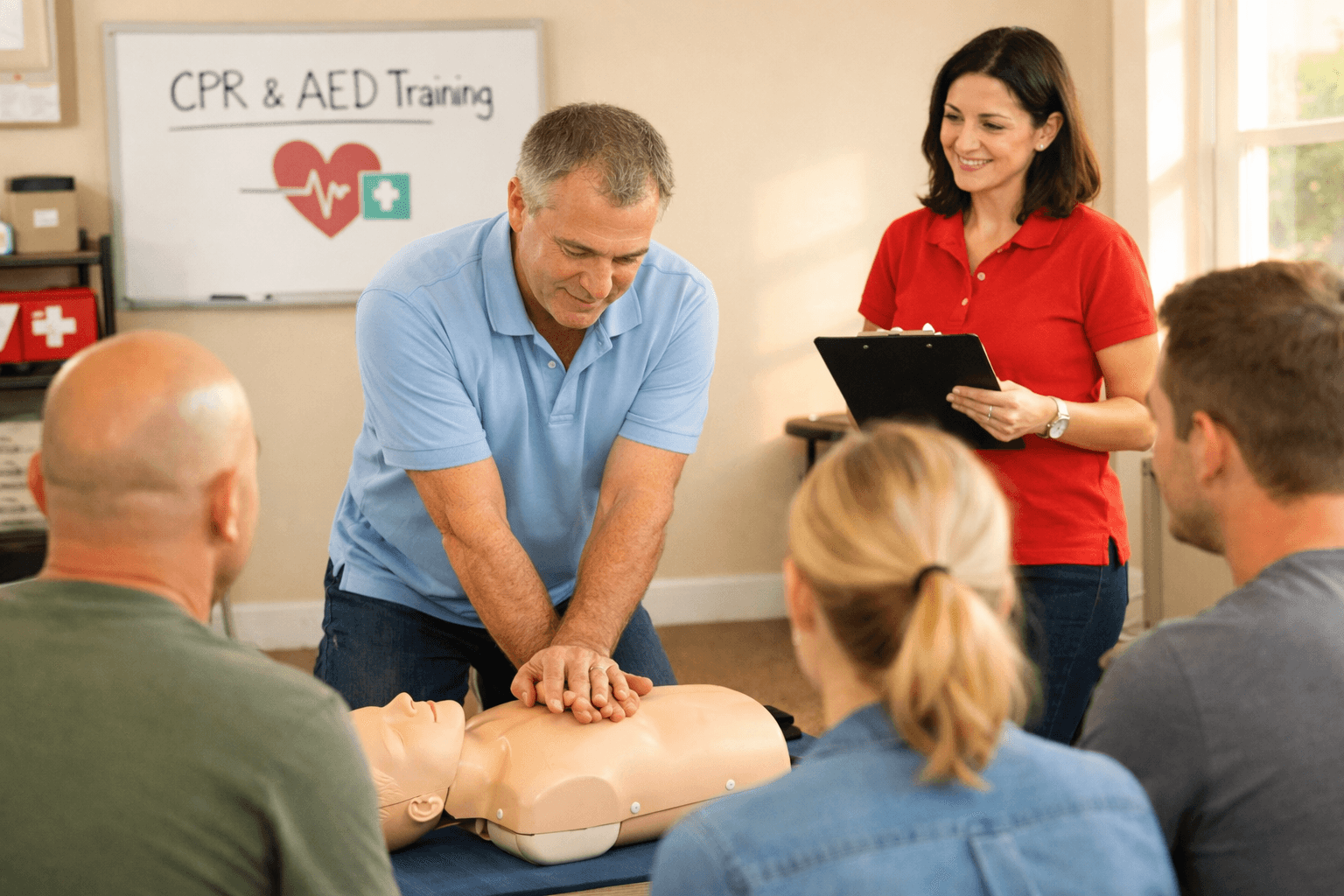 CPR Level C recertification session practicing compressions and AED skills