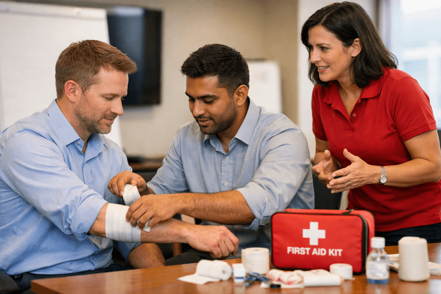 Standard First Aid training with participants practicing CPR and first aid skills in class