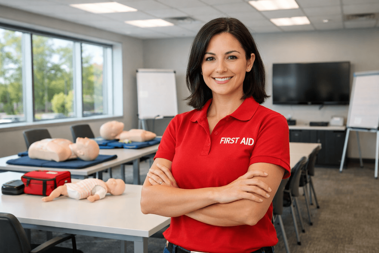 Lead instructor Laura Turner teaching first aid and CPR with participants in Essex County
